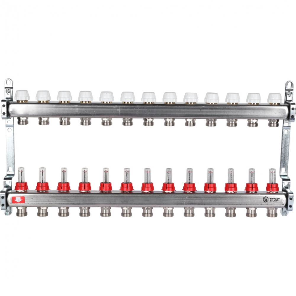Коллектор из нержавеющей стали для систем напольного отопления с расходомерами на 13выходов STOUT /1